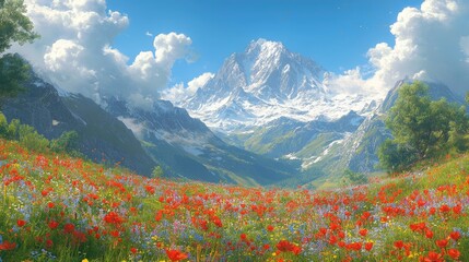 Sunny Alpine meadow, wildflowers, majestic mountains, clear sky, scenic landscape, travel poster