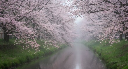 Cherry Blossom Trees Lining Canal in Misty Atmosphere Spring Landscape