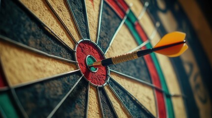 dart hitting the bullseye of a dartboard, with the target's vivid colors and sharp details