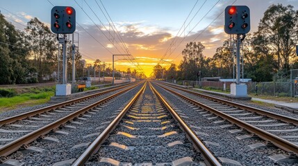 Sunrise over railway tracks.  Sunset railway view.  Empty train tracks stretching into horizon.  Peaceful morning train station scene