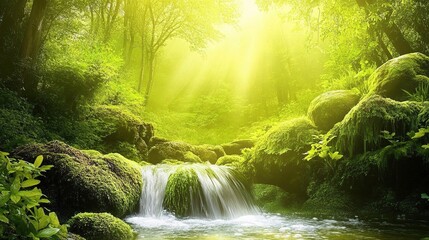 Fototapeta premium Serene Spring Forest with Crystal Clear Waterflow in Nature