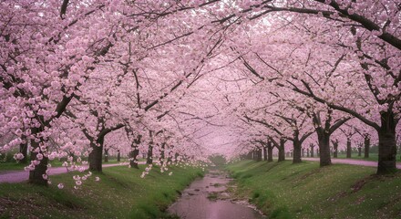 Obraz premium Stunning Cherry Blossom Trees Line Serene Riverbank in Springtime Scene