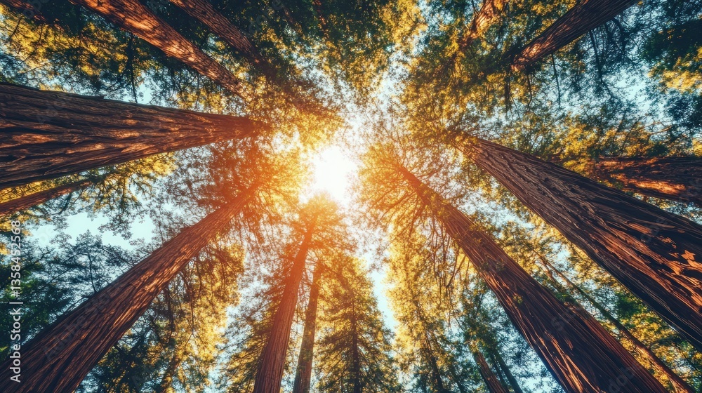 Poster low angle view of majestic redwood trees in a forest, sunlight shining through canopy.