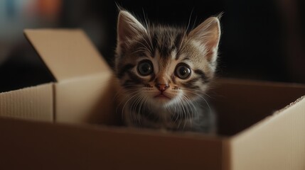 little kitten exploring a cardboard box, its head poking out with an expression of curiosity and wonder.