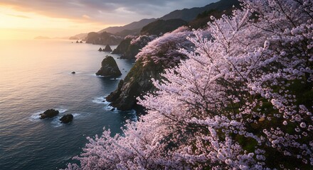 Cherry Blossom Trees Blooming Along Rocky Coastline at Scenic Sunset
