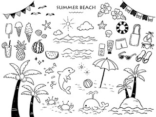 ラフな手描きタッチの夏のビーチセット(モノクロ線画)