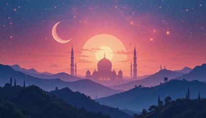 Obraz premium sunrise in the mountains background of eid al-fitr greetings