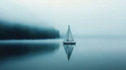 sailboat gently gliding over the smooth surface of a lake covered in fog, the stillness amplified by the quiet fog surrounding it.