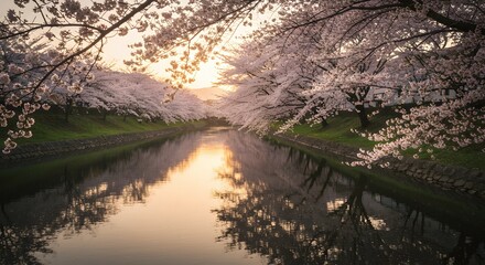 Cherry Blossom Trees Along River Reflecting Sunlight in Springtime Landscape