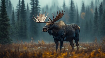 Powerful Yukon bull moose in an Alaskan national park, antlers spreading like a crown. It stands tall in a clearing surrounded by forest and misty mountains. Wide-angle framing.  