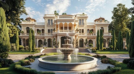 luxurious mansion with a majestic fountain in the front yard, reflecting the elegance of its surroundings