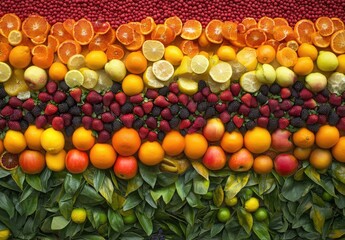 Vibrant fruit arrangement in a colorful display. Fresh, juicy slices and whole fruits create a horizontal pattern of color and texture, with a gradient effect