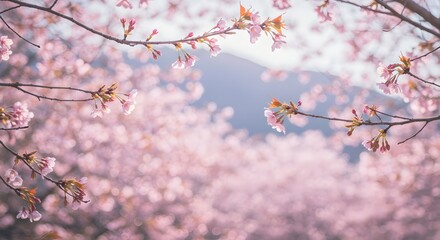 Blooming Cherry Blossoms Framing a Soft Focus Spring Landscape