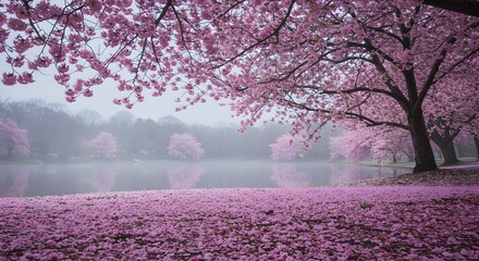 Flowering Cherry Trees in Spring by Lake Reflecting Pink Blossoms