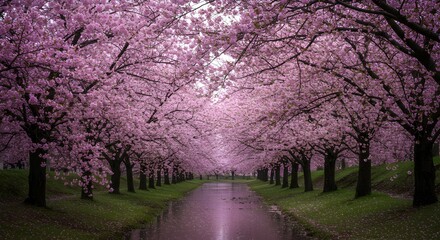 Fototapeta premium Walking Under Pink Blossom Trees Along Canal in Springtime Serenity