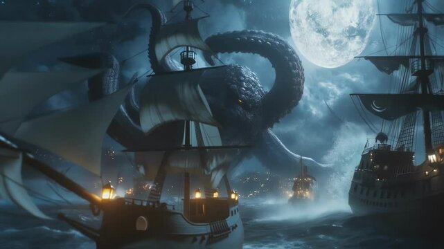A serene celestial backdrop filled with stars and moonlight underscores the chaos as enormous tentacles twist through the night sky ensnaring airships with vibrant banners. The krakens