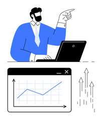 Man in blue suit pointing while working on laptop, graph illustrating upward trend, and arrows rising. Ideal for business, finance, growth, analytics, leadership strategy success. Flat simple