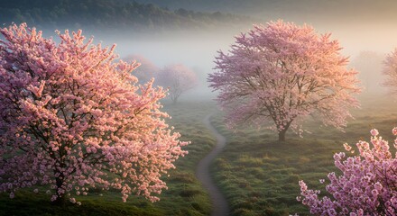 Explore Serene Cherry Blossom Landscape in Morning Mist with Scenic Pathway