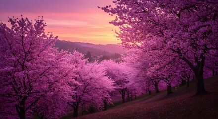 Stunning Cherry Blossom Trees Under Vibrant Sunset Sky in Springtime