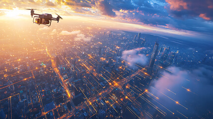 Aerial drone flight over urban landscape at sunset stunning city view technology and innovation concept