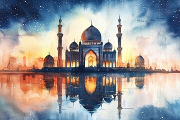 watercolor painting of a mosque at midnight, the water below reflecting its beauty. The stars sparkle softly in the background, on isolated white background