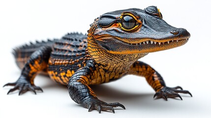 Naklejka premium The compact form of a Dwarf Crocodile, tail slightly curled and head raised. Clean white background isolates its distinctive features. Studio-lit, photoreal clarity 