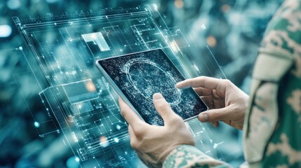 Military Technology: Soldier Using Futuristic Tablet