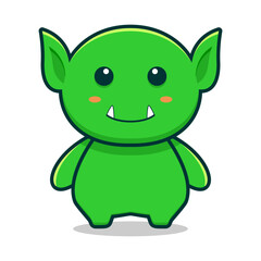 A chibi style green goblin with big eyes, pointy ears, small fangs, and a cheerful smile. Designed with bold outlines and bright colors, perfect for mascots, stickers or kid's designs.