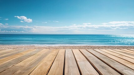 Fototapeta premium Wooden Plank Floor by Sandy Beach Under Bright Summer Sky