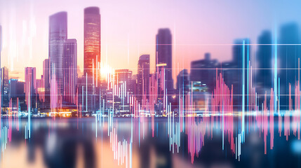 Fototapeta premium Dynamic city skyline at sunset with audio waveform visualization urban environment digital art concept