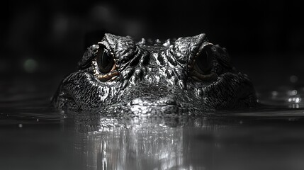 Fototapeta premium The powerful frame of a swimming alligator dominates the scene, its unblinking eyes fixed forward. Smooth water reflects its shadowy form. 