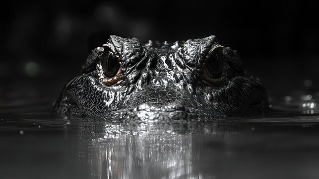 The powerful frame of a swimming alligator dominates the scene, its unblinking eyes fixed forward. Smooth water reflects its shadowy form.  