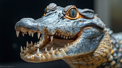 Fototapeta premium The rough, ridged head of a crocodile with its mouth open, teeth exposed in vivid detail. The white background creates a stark, striking contrast. 