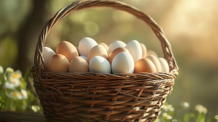 rustic woven basket filled with eggs arranged artfully, capturing the warm natural tones of the basket and eggs, with soft light highlighting the details