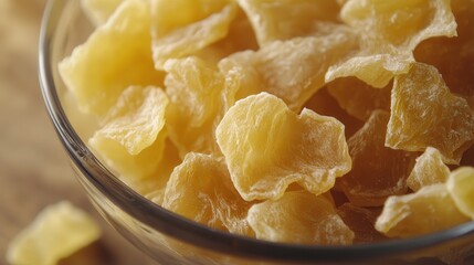 product display with dried pineapple pieces carefully arranged in a bowl, the golden hues of the fruit making it look like an irresistible snack
