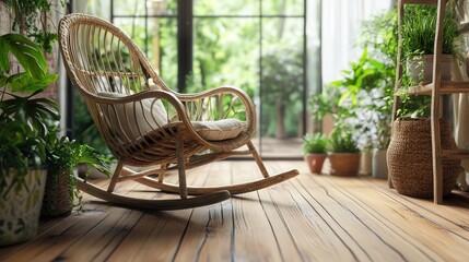 Obraz premium rocking chair on a rustic wooden floor, surrounded by plants and cozy decor, giving a homely and inviting feel.