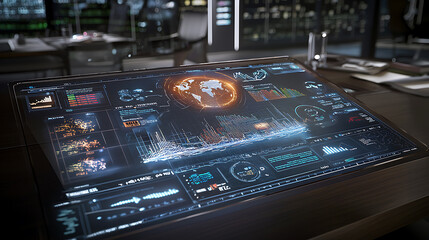 Data analysis event interactive dashboard high-tech office digital visualizations modern environment overhead view cybersecurity insights