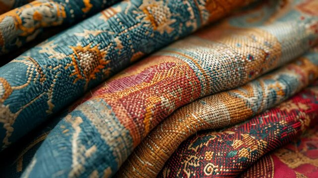 Close-Up View of Stack of Traditional Fabrics Showcasing Intricate Patterns and Rich, Warm Colors, Perfect for Design Inspiration and Cultural Explorations