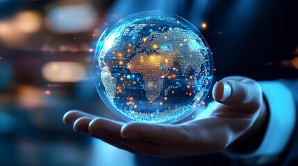 Fototapeta premium Global connectivity hand holding digital earth model virtual environment technology perspective innovations and future trends