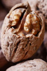 Close-up view of a cracked walnut showcasing its rich texture