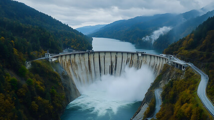 Fototapeta premium Aerial View Of Dam Structure Breaking Amidst Forested Mountains Showing Rushing Water And Overcast Skies