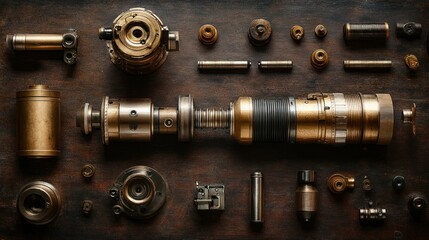 Disassembled precision mechanism parts on dark wood