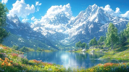 Fototapeta premium Serene alpine lake reflecting snow-capped mountains under a vibrant summer sky, surrounded by lush wildflowers.