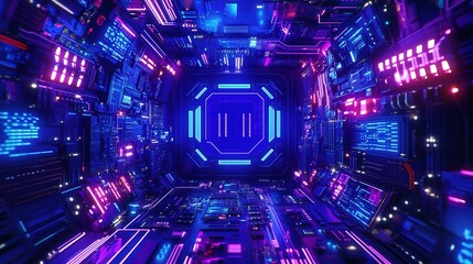 Obraz premium Futuristic Circuit Board Design in Blue and Purple Neon Lights