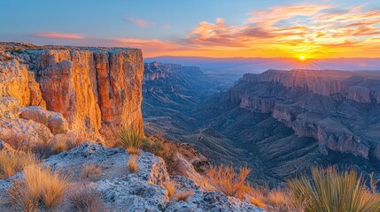 Sunset over a vast canyon, showcasing a dramatic cliff face and vibrant colors.
