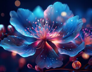 Blue Blossom Petal Blooming with Pink Light, Ethereal Night