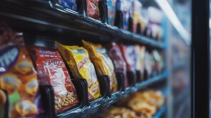 vending machine filled with candy bars and chips, showcasing a colorful and tempting selection of treats