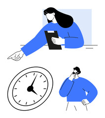 Woman holding clipboard giving direction, man thinking with hand on chin, analog clock nearby. Ideal for teamwork, planning, time management, decision-making, organization, leadership