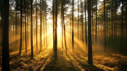 Obraz premium Mysterious Fog Drifting Through Pine Forest at Sunrise