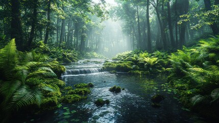 Obraz premium Serene stream flowing through a misty, lush green forest.